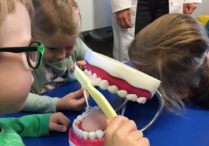Grupa dzieci podczas zajęć z higieny jamy ustnej.