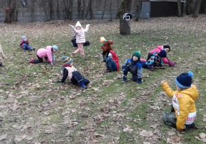Dzieci wykonujące ćwiczenia ruchowe w ogrodzie.