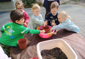 Dzieci wsypują piasek do doniczki